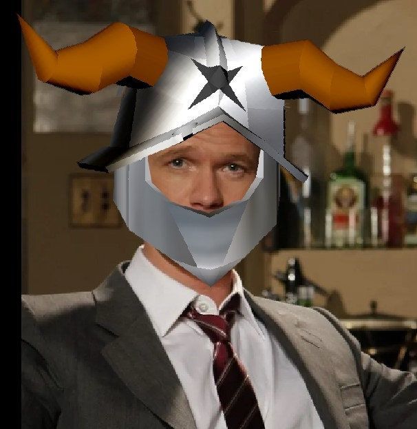 a man in a suit and tie wearing a helmet with horns on it's head