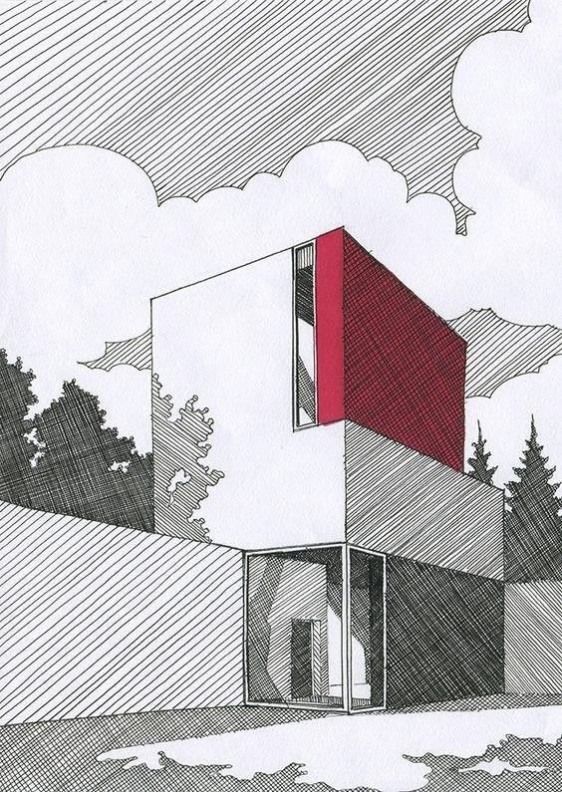 a drawing of a house in the middle of a field with trees and clouds behind it