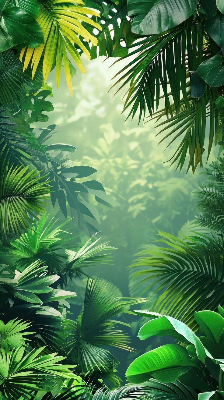 an image of a jungle scene with lots of green plants and leaves in the foreground