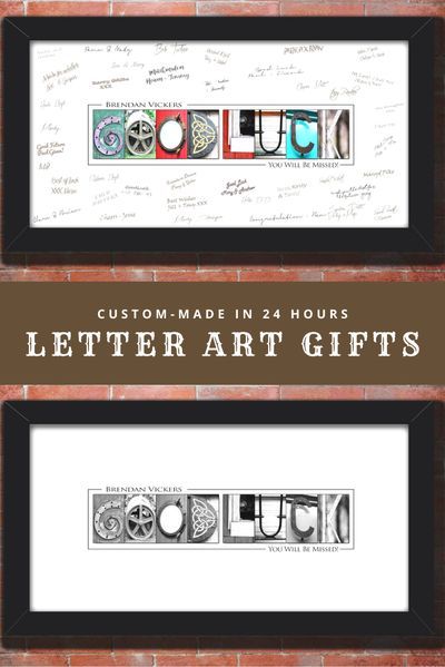 two framed pictures with the words, custom made in 24 hours and letter art gifts