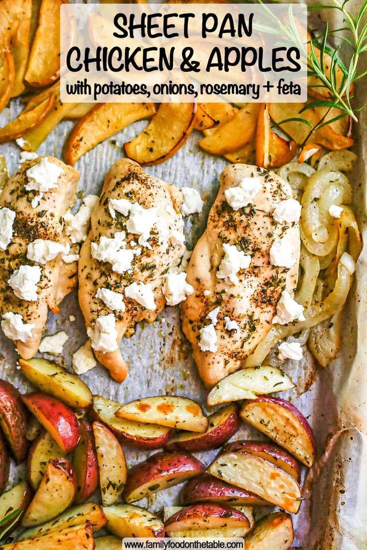 sheet pan chicken and apples with potatoes, onions, rosemary and feta on top