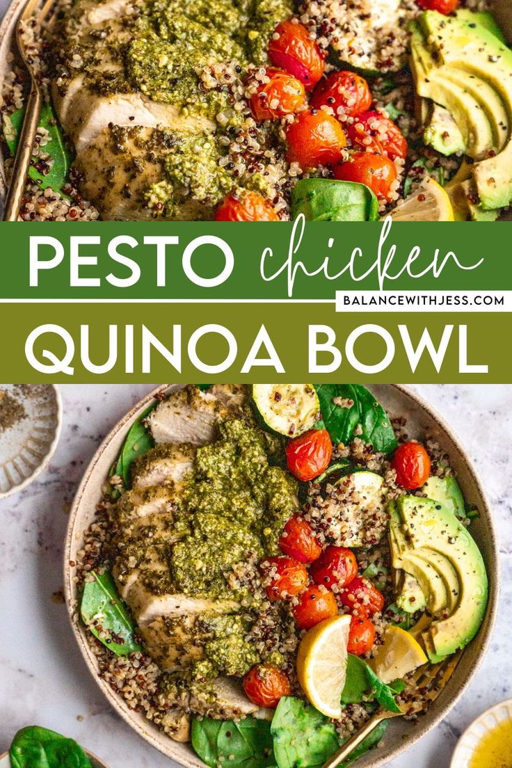 pesto chicken quinoa bowl with spinach, tomatoes and avocado