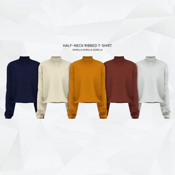 four sweaters in different colors and sizes on a white background with geometric shapes behind them