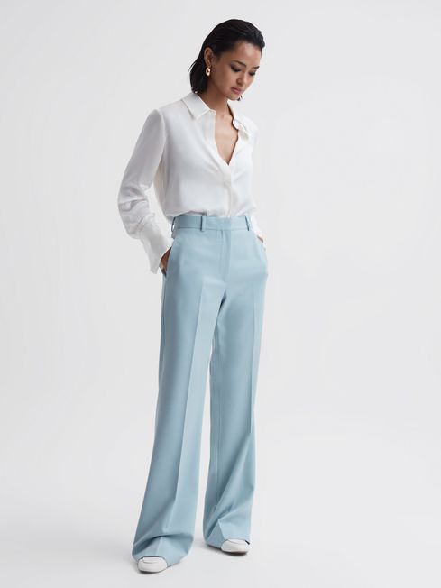 Reiss Blue Clara Wide Leg Wool Blend Trousers - REISS Light Blue Trousers Outfit, Light Blue Pants Outfit, Blue Trousers Outfit, Trousers Women Outfit, Blue Pants Outfit, Striped Wide Leg Trousers, Smart Casual Office, Light Blue Pants, London Outfit