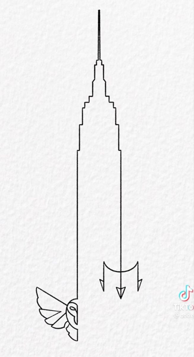 a drawing of the empire building in new york city, with arrows pointing up and down