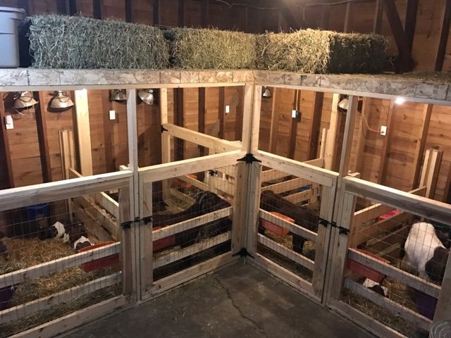 the inside of a barn with hay and chickens in it's stall doors open