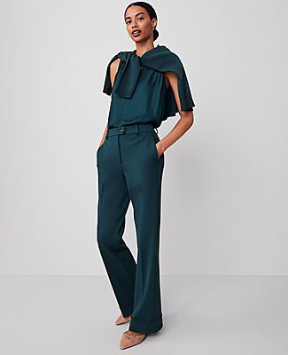 The versatile, streamlined look is back - our cuffed trouser pant is ultra flattering. Front zip with extended button tab closure. Front off-seam pockets. Back besom pockets.,Leg Shape:Leg Shape: Trouser – a pant with a bit of flare that lengthens legs,Rise:High rise: sits 1/2" to 1" below natural waist,Imported:Imported,Fit:Fit: Tailored & fitted,Length:Full length: 31 1/2" inseam with 22" leg opening,Fabrication:64% Polyester, 31% Viscose, 5% Elastane,Garment Care:Machine Washable The Cuffed Tab Waist Trouser by Ann Taylor Size regular - 16 Deep Slate Green Women's Regular, Trouser, Pants, 64%, Polyester, 31%, Viscose, 5%, Elastane, Machine, Washable Slate Green, Blazer And Skirt, Sleepwear & Loungewear, Petite Fashion, Trouser Pants, Denim Pant, Small Waist, Trending Now, Jean Jacket