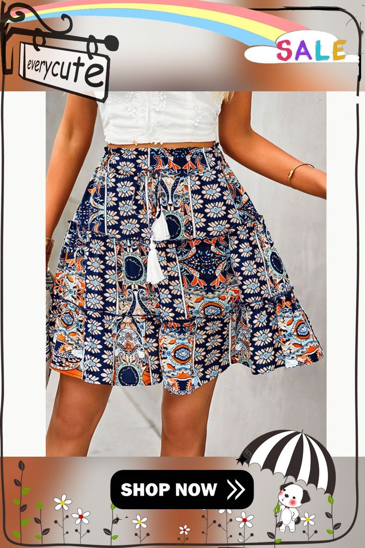 Navy Blue Bohemian Print Lace-up Summer Skirt Bohemian Spring Mini Skirt For Vacation, Bohemian Mini Skirt For Spring Vacation, Bohemian Multicolor Skirt With Pockets, Blue Bohemian Bottoms With Boho Print, Bohemian Blue Bottoms With Boho Print, Blue Bohemian Long Skirt, Blue Flowy Skirt For Vacation, Flowy Blue Skirt For Vacation, Bohemian Floral Mini Skirt For Beach