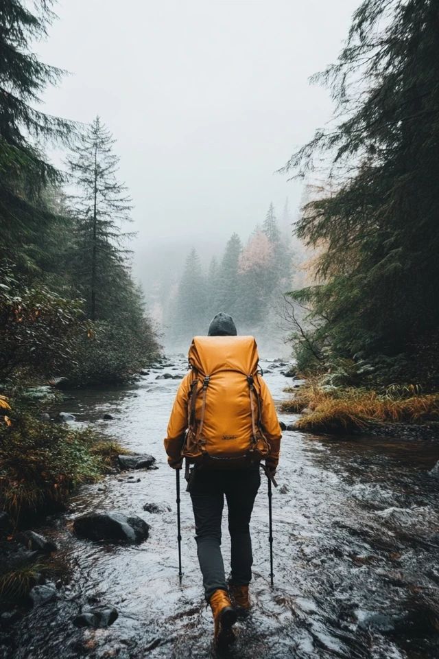 a person with a backpack walking across a river