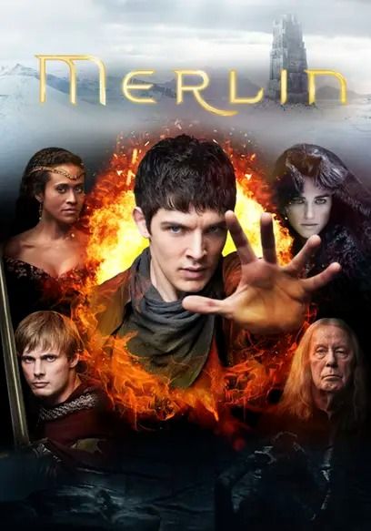 the movie poster for merlin and his four main characters in front of a fireball