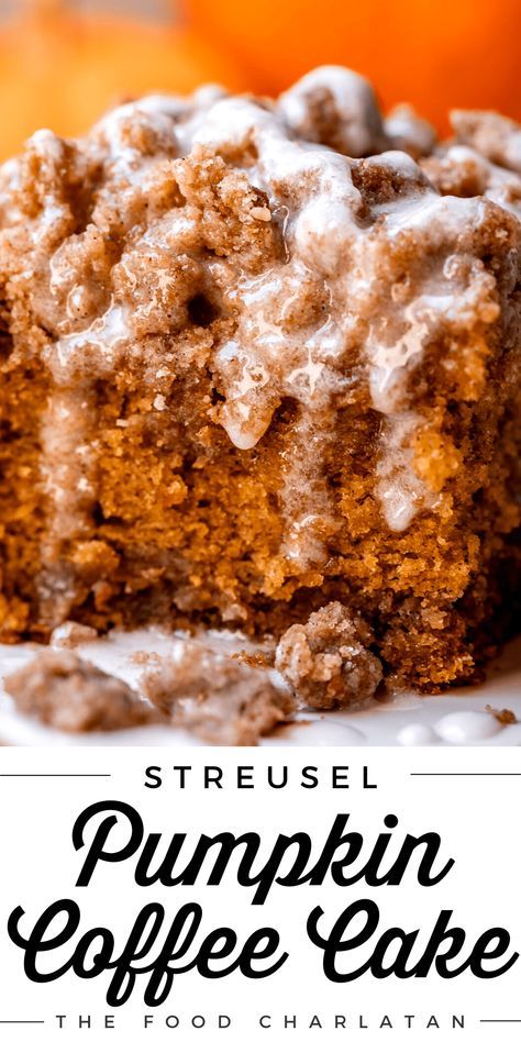 a close up of a piece of cake on a plate with the words, streusel pumpkin coffee cake