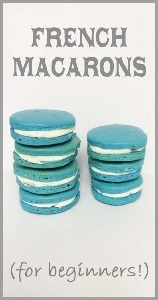 french macaroons for beginners are stacked on top of each other with white and blue icing