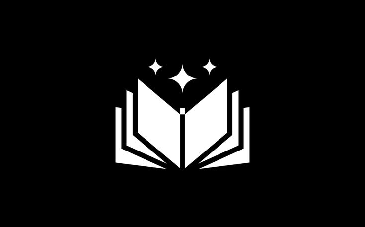 an open book with three stars on the top and one in the middle, against a black background