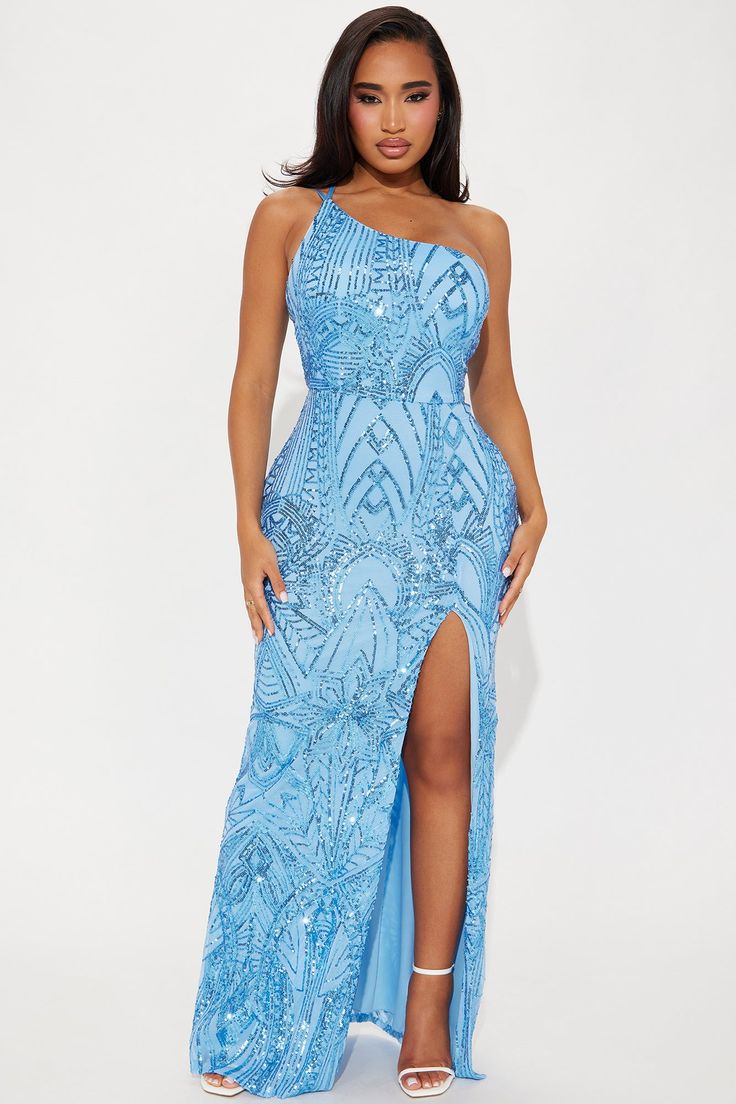 Maren Sequin Gown - Blue Fancy Blue Dress, Gown One Shoulder, Female References, Gown Blue, Sequin Gown, Gown Dress, Cafe Food, 25th Anniversary, Matching Dresses