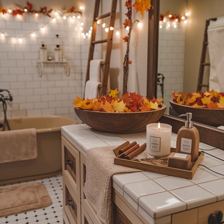 a bathroom with candles and autumn leaves in the bathtub, on top of a tiled counter