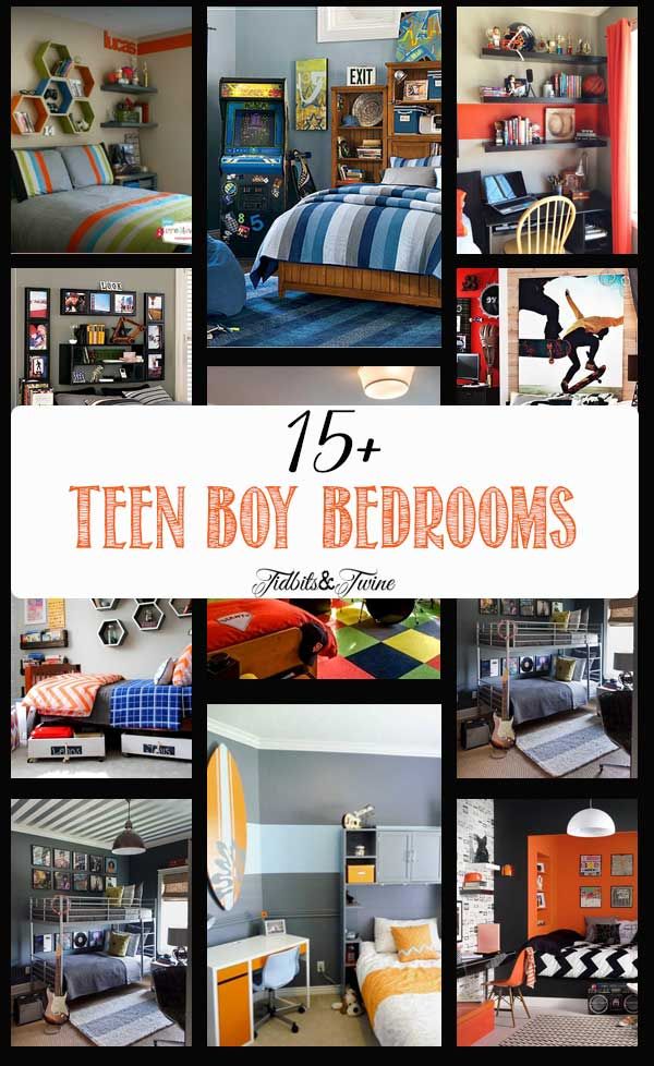 the collage shows different types of teen boy bedroom furniture and decor, including bedding