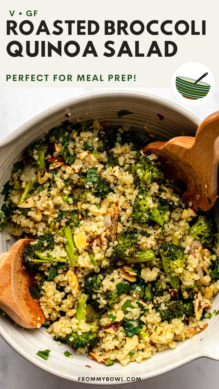 broccoli quinoa salad in a white bowl with wooden spoon