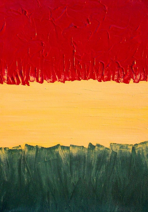 an abstract painting with red, yellow and green colors