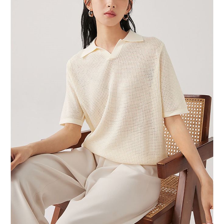 Summer Outfits│Waffle Open-Knit Polo-Neck Beige Basic Tee Material: 65.5% Acrylic + 5% Silk + 19.7% Lyocell + 9.8% Wool Size: Free Size Color: Beige Occasion: Outdoor, Daily, Vacation Polo Shirt Outfit, Waffle Polo Shirt, Polo Shirt Outfits, Knitted Polo, Oversized Graphic Tee, Beige Style, Knit Polo, Graphic Tees Vintage, Polo T Shirt