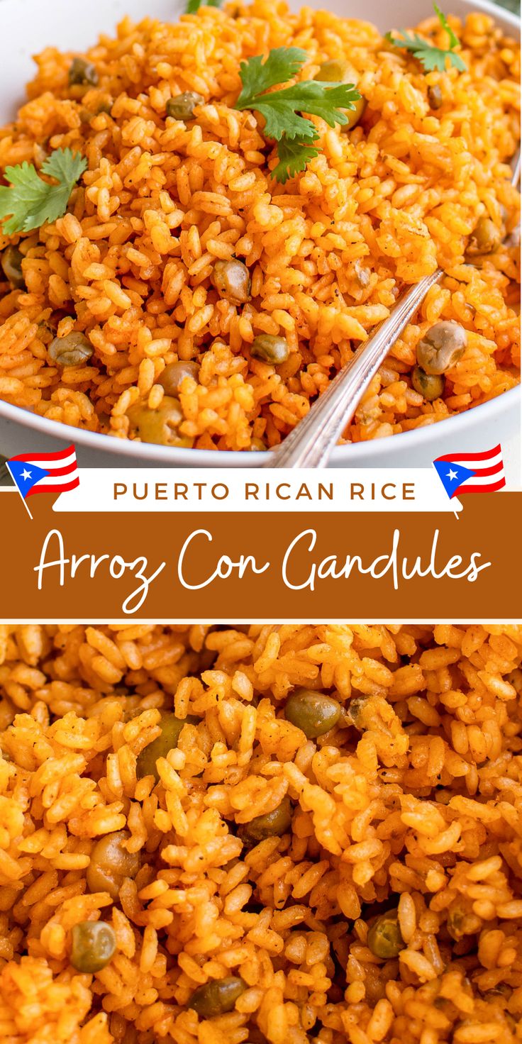 mexican rice with beans and peas in a white bowl on a wooden table next to the words arroz con candies