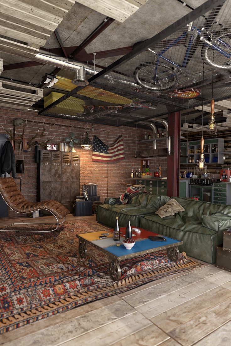 a living room filled with furniture and a bike hanging from the ceiling