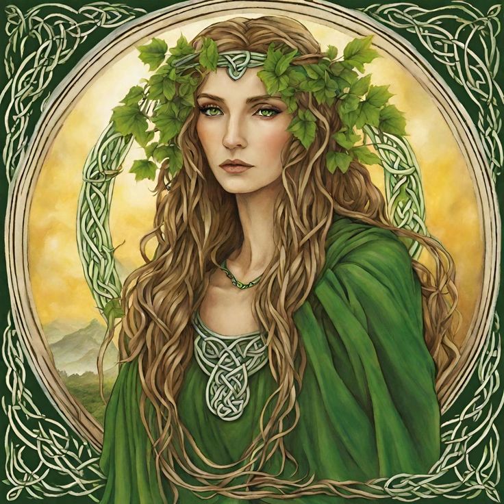 a painting of a woman with long hair wearing a green dress and wreath around her head