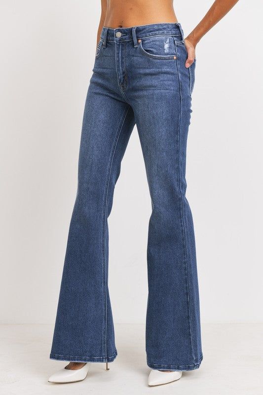 HIGH RISE FULL LENGTH FLARE JEANS IN DARK WASH DENIM 10'' RISE, 32 1/2'' INSEAM, 12'' OPENING Cheap Dark Wash Mid-rise Flares, Luxury High-waist Dark Wash Flare Jeans, Luxury Dark Wash Modern Flare Jeans, Luxury Modern Dark Wash Flare Jeans, Luxury Full Length Dark Wash Flare Jeans, Luxury Dark Wash Rigid Denim Flare Jeans, Luxury Dark Wash Straight Flare Jeans, Luxury Dark Wash Mid-rise Flare Jeans, Mid-rise Denim Flare Jeans For Fall