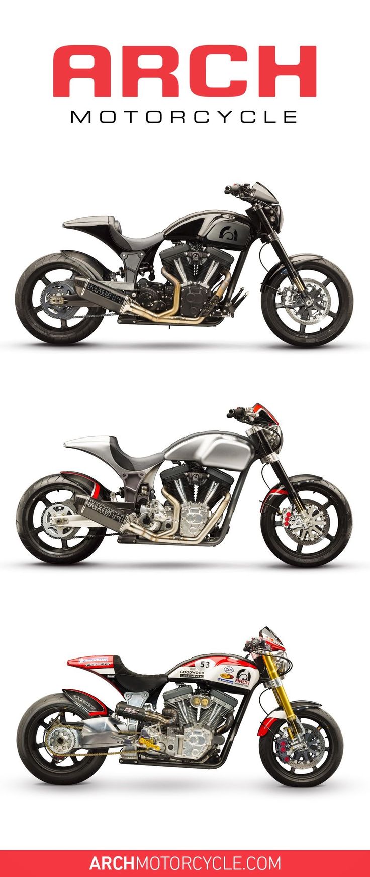 three motorcycles are shown side by side on a white background with the words arch motorcycle