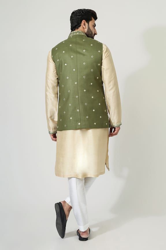 Green sleeveless bundi with mirror, thread embroidery in floral pattern. Paired with beige full sleeve embroidered kurta and pant. - Aza Fashions Intricate Mirror, Embroidery Mirror, Kurta Set For Men, Beautiful Mirror, Vacuum Storage, Nehru Jacket, Silk Kurta, Nehru Jackets, Pants Cotton