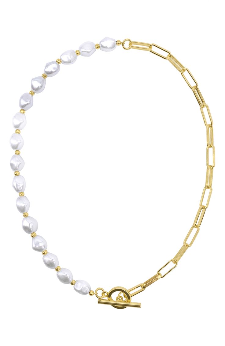 A mixed strand of gleaming links and polished imitation pearls bring a fun sparkle to your everyday style. 17" length Toggle closure 14K gold plated brass, imitation pearl Imported Trendy Gold Pearl Chain Necklace, Gold-tone Pearl Necklace With Pearl Chain, Gold-tone Pearl Chain Necklace, Chic Adjustable Gold Pearl Necklace, Trendy Gold Pearl Necklace For Everyday, Gold Single Strand Chic Pearl Necklace, Chic Gold Single Strand Pearl Necklace, Gold Pearl Necklace With Paperclip Chain, Trendy Gold Pearl Necklace With Chain