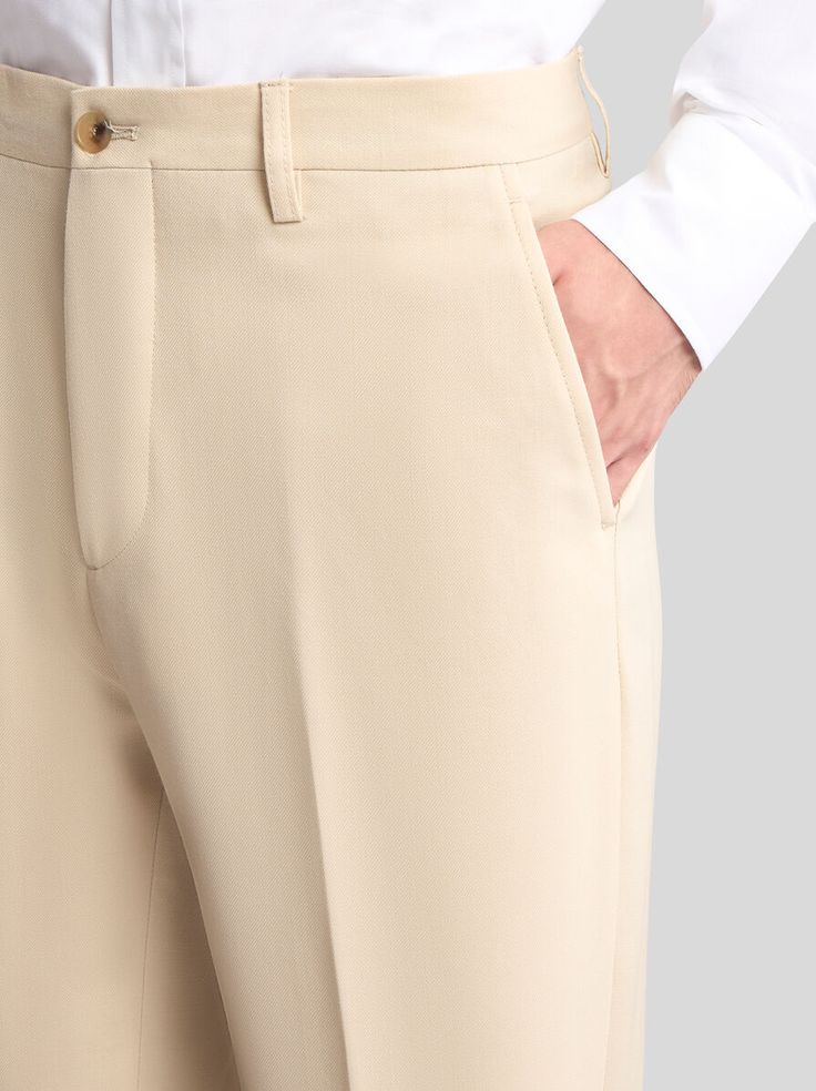 Regular-fit wool twill trousers with pressed creases.• Regular fit• Hidden button and zip fastening• Side slip pockets• Rear button-through welt pockets• Made in Italy• The model is 6’1”(186 cm) tall and wears a size 48 (IT) • 100% wool Elegant Wool Bottoms For Office, Classic Formal Wide Leg Chinos, Classic Wide Leg Chinos For Formal Occasions, Classic Wide Leg Formal Chinos, Tapered Leg Pants With Hidden Button Closure For Work, Elegant Chinos With Pockets And Straight Hem, Wool Ankle-length Business Casual Bottoms, Wool Bottoms For Business Casual, Ankle-length, Wool Ankle-length Pants For Business Casual