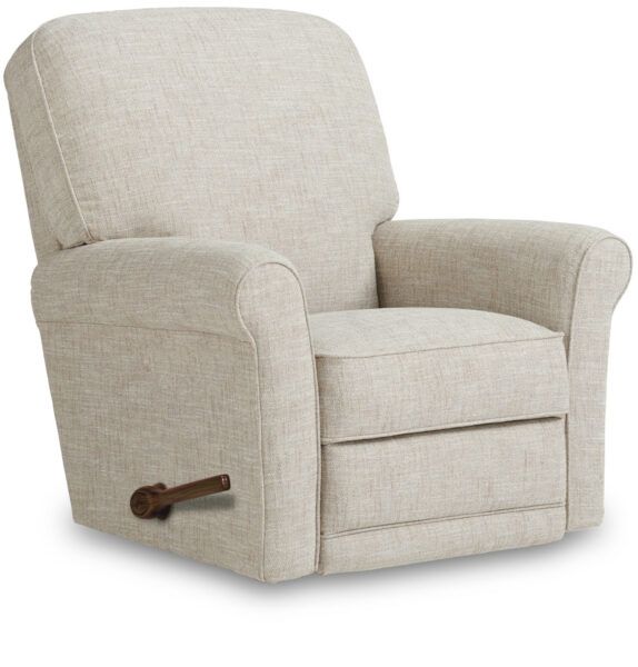 the glider recliner is upholstered and has a wooden handle on it's arm