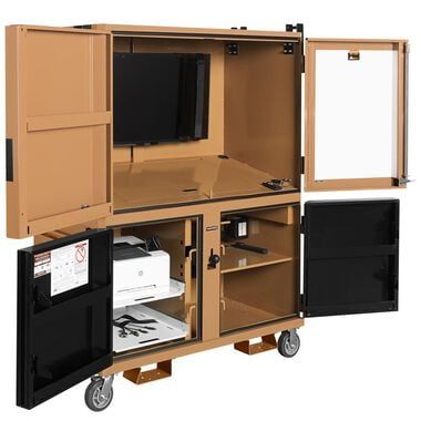 an open cabinet with two doors on wheels