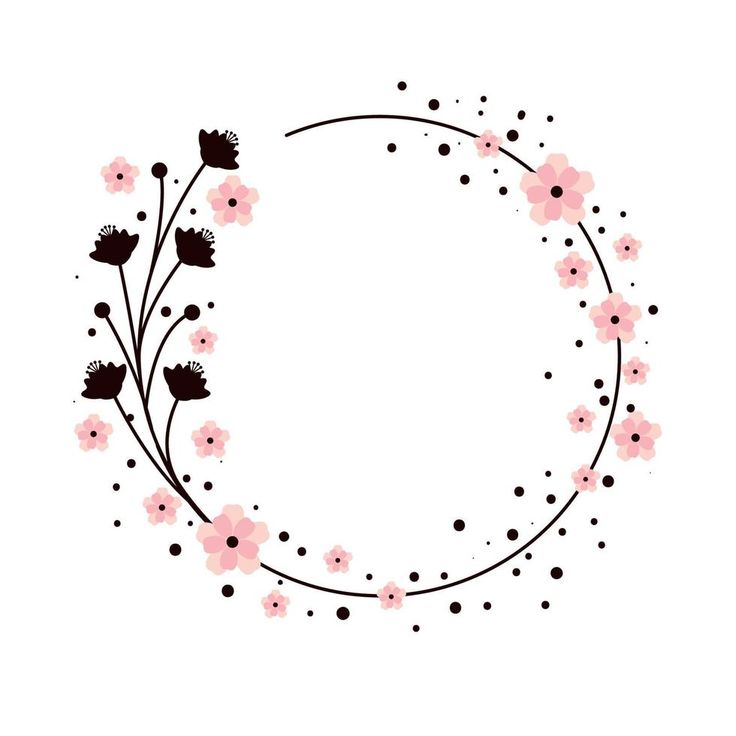 a circular frame with pink flowers and black dots