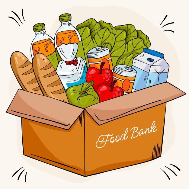 a box full of food and drinks with the words food bank in front of it