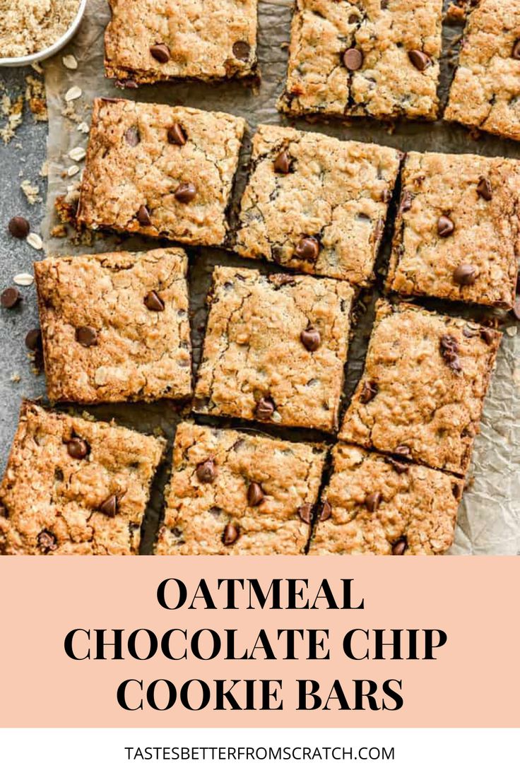 oatmeal chocolate chip cookie bars are stacked on top of each other with the title above it