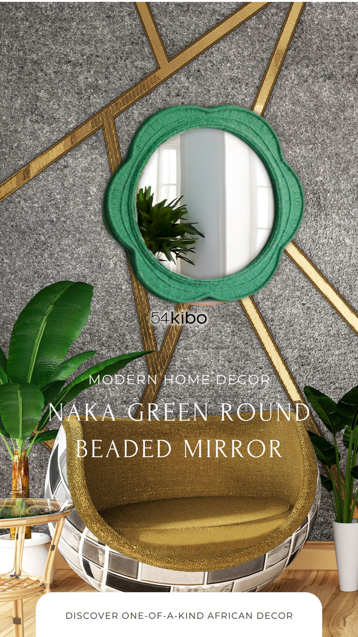 a round mirror sitting on top of a wooden table next to a potted plant