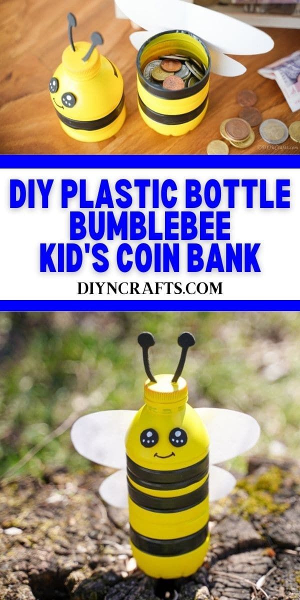 a plastic bottle that has a bee on it and the words diy plastic bottle bumble kid's coin bank