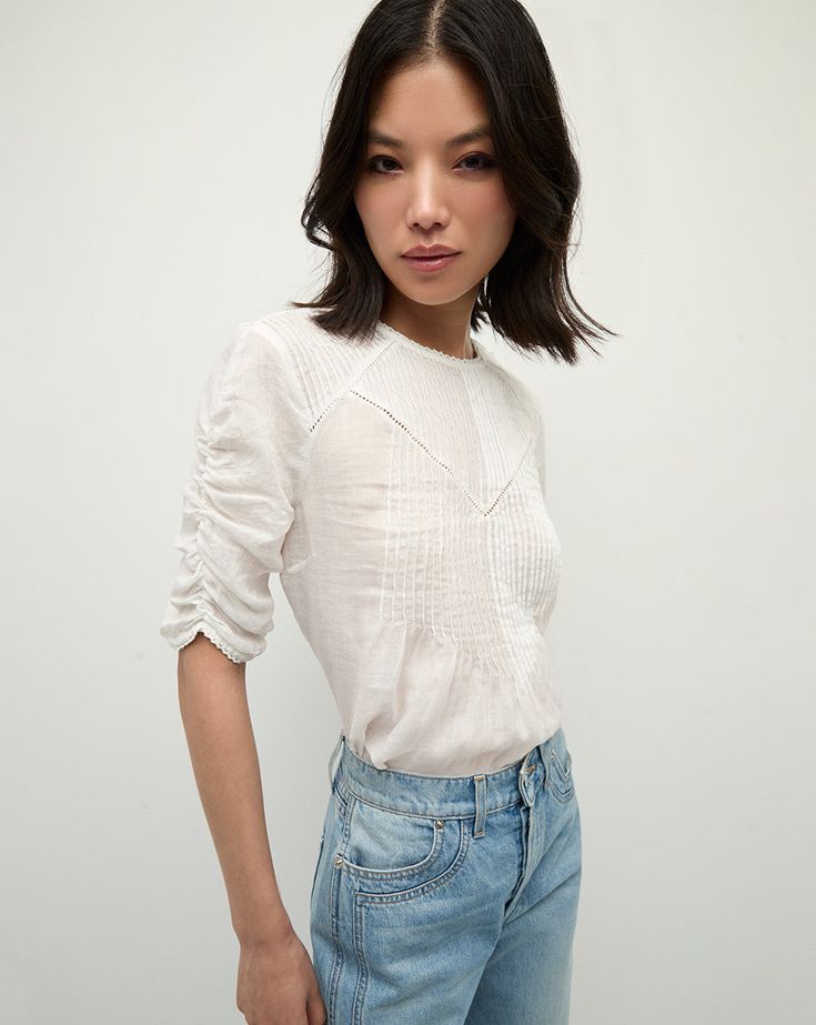 Bryce Pleated Top in Off-White | Veronica Beard Casual Pintuck Short Sleeve Tops, Summer Relaxed Fit Top With Pintucks, Casual Short Sleeve Tops With Pintucks, Fitted Tops With Pleated Sleeves For Daywear, Feminine Spring Blouse With Pintucks, Spring Feminine Blouse With Pintucks, Spring Pleated Tops, Feminine Pintuck Top For Summer, Casual Summer Blouse With Pleated Sleeves