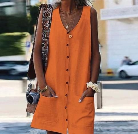 V-Neck Temperament Casual Pocket Button Vest Dress sold by woosus on Storenvy Cardigan Dress, Sleeveless Outfit, Travel Clothing, Bali Fashion, Womens Shift Dresses, Cool Looks, Cotton Linen Dresses, Mini Dresses Online, Glass Bottle Crafts