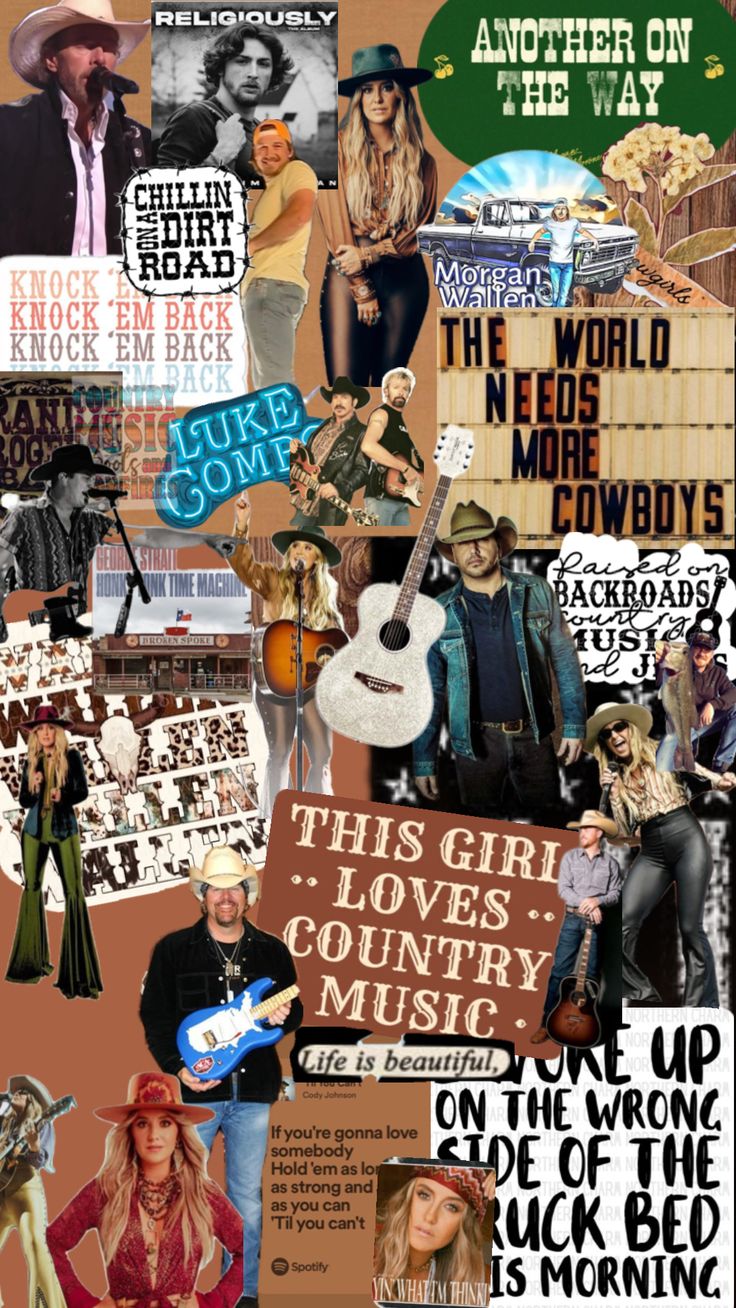 a collage of various images with the words country music on them and pictures of people in cowboy hats