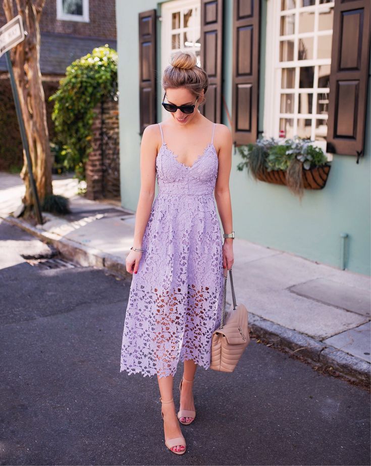 Lavender Lace Midi Dress (under $100!) Casual Lavender Dress, Flare Long Dress, Fit And Flare Midi Dress, Spaghetti Dress, Backless Dress Summer, Flare Midi Dress, Lavender Dress, Lace Party Dresses, Lace Prom Dress