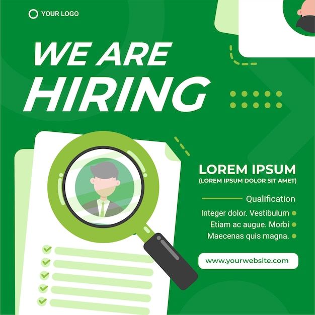 we are hiring flyer with magnifying glass on top of it and green background