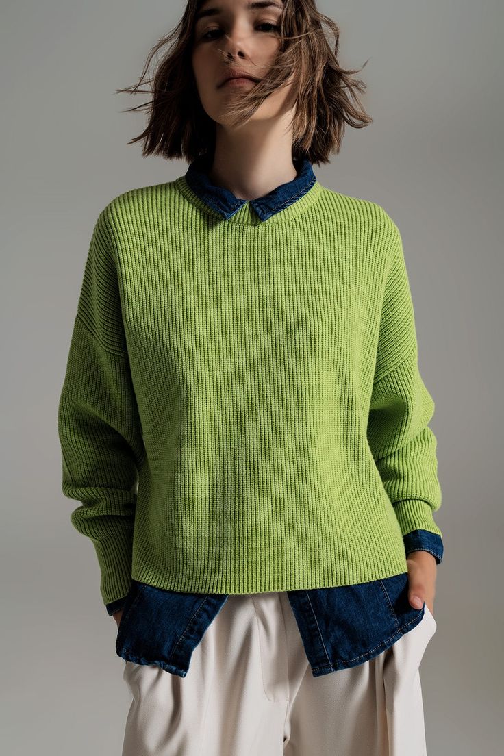 Q2 green chunky knitted relaxed Jumper Green Jumper Outfit, Sweater Outfit, Knitted Jumper, Green Sweater, Winter Sweaters, Knitted Sweater, Fashion Street, Casual Wardrobe, Favorite Jeans