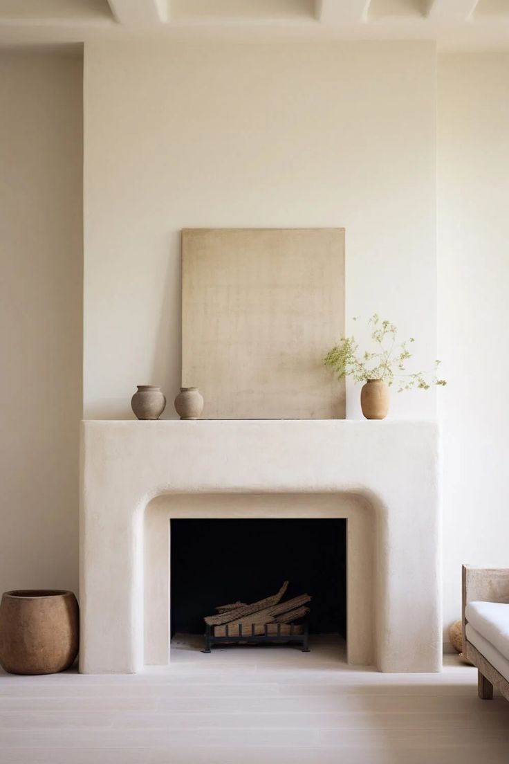 a living room with a fire place and white walls