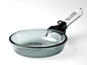 an empty glass bowl with a black handle