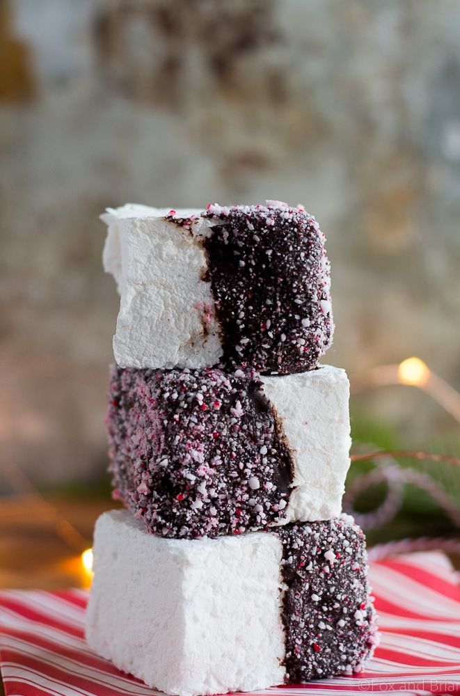 three pieces of cake sitting on top of a red and white striped table cloth with christmas lights in the background