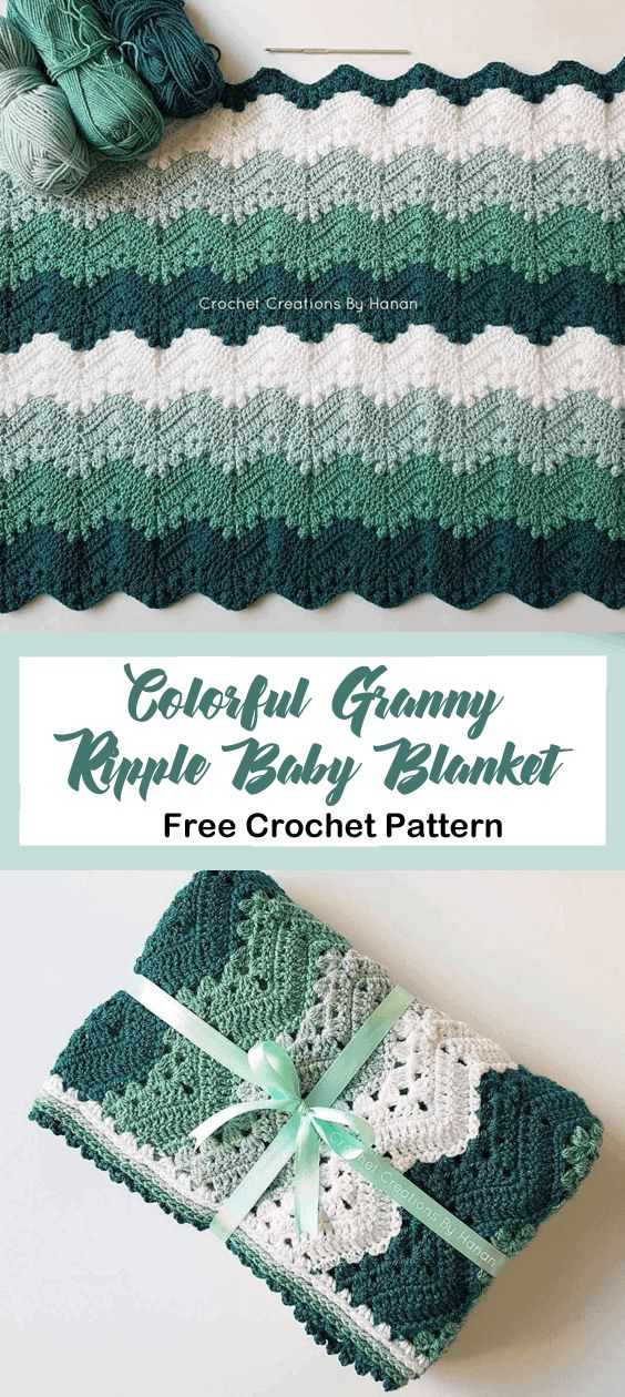 crochet granny ripple baby blanket with green and white stripes on the bottom, along with a free crochet pattern