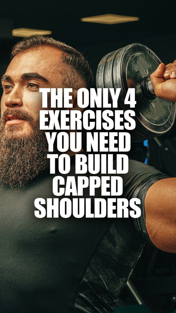 a man holding a barbell with the words, the only 4 exercises you need to build caped shoulders