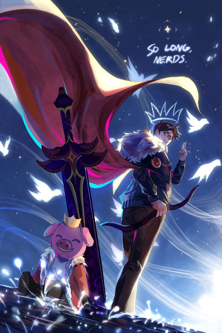 two anime characters standing next to each other under a sky filled with stars and clouds